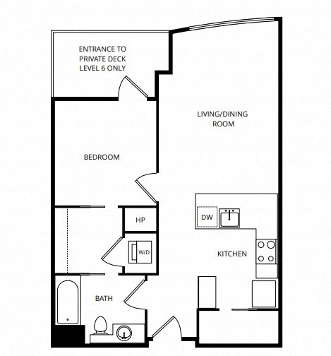 Floor plan for 1 bed, 1 bath, 714 sqft
